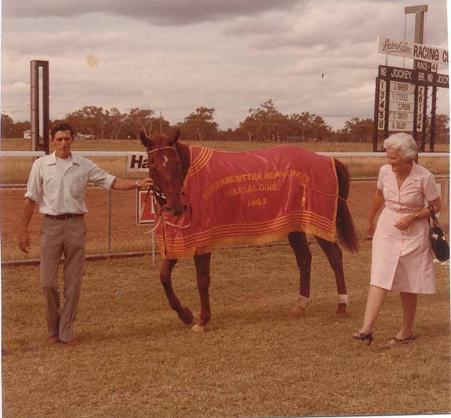 Tom and Pat Broughton with Bororen after a win at Barcaldine in 1983.