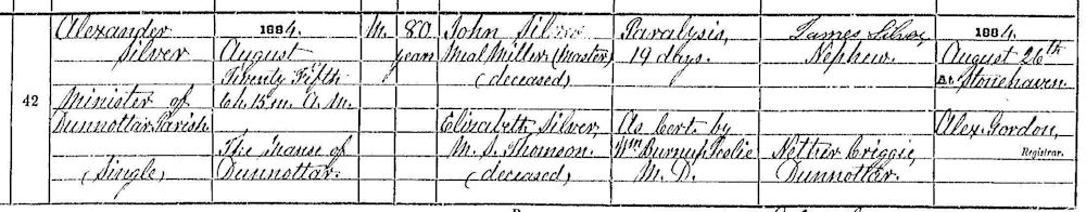 Reverend Alexander Silver's death certificate.