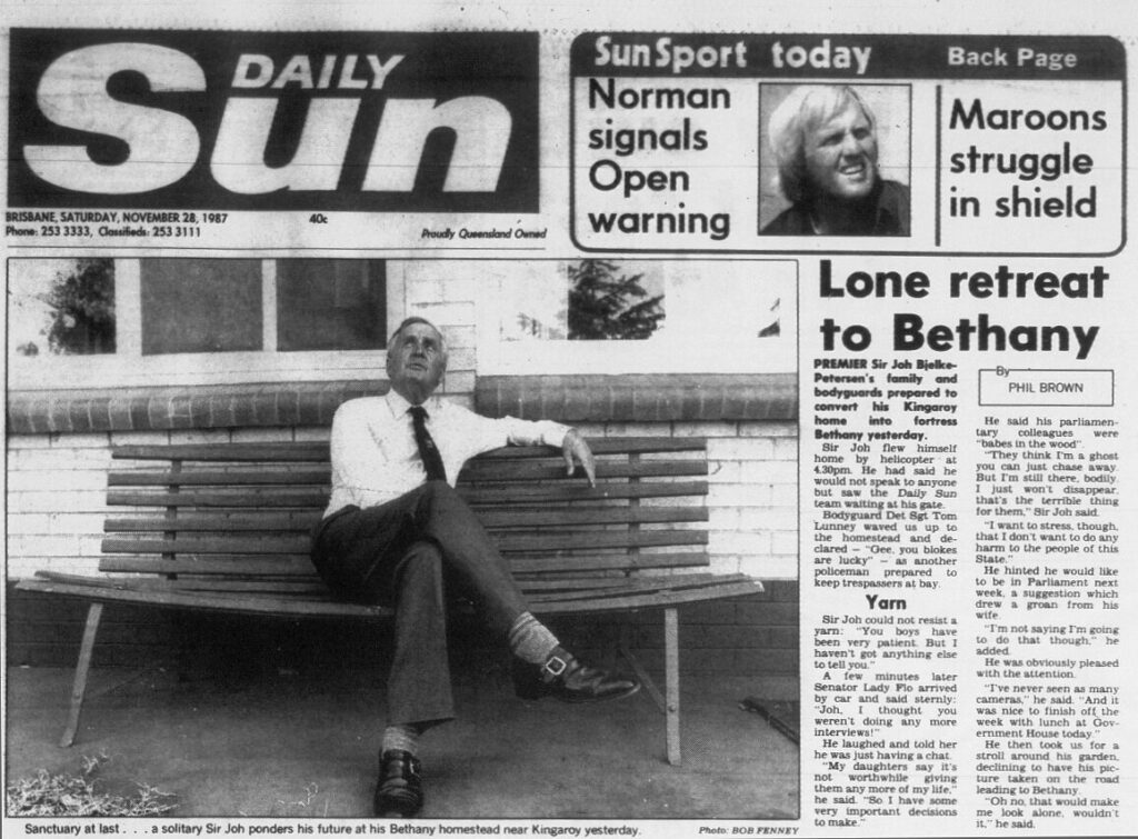 Phil's front page interview of then outgoing Queensland Premier Sir Joh Bjelke-Petersen. He details the story behind the story on pages 168 to 170.